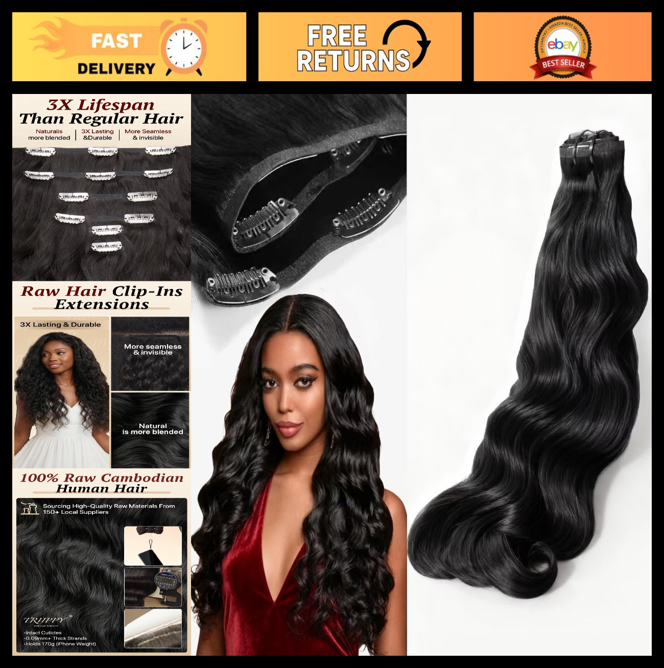 Seamless Clip-In Hair Extensions 135g, 9pcs Natural Wavy 100% Human Hair, 14