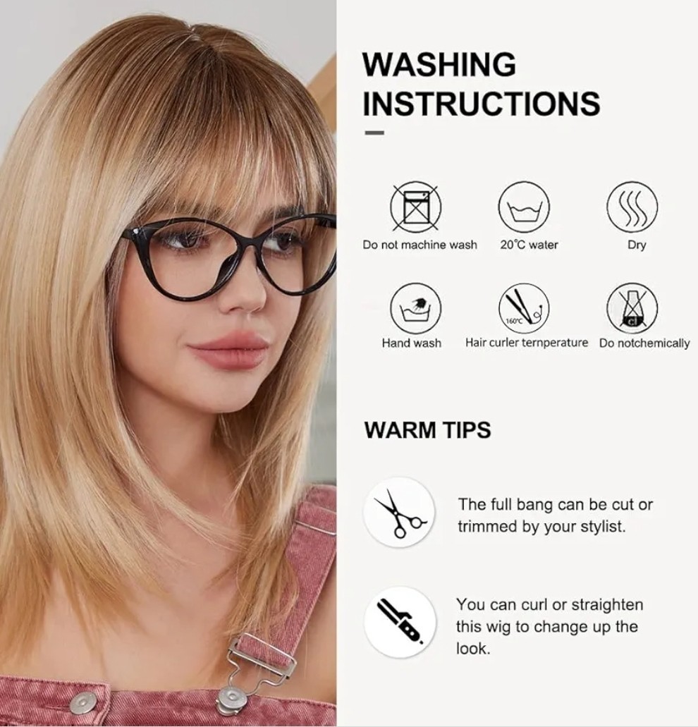 Blonde Wig – Human Hair Blend Short Straight Layers Bangs