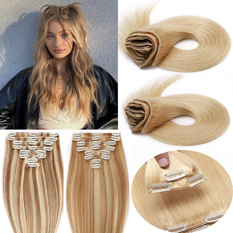 Natural Clip In 100% Human Hair Extensions Balayage Blonde 8/16/18/20/22″ piece