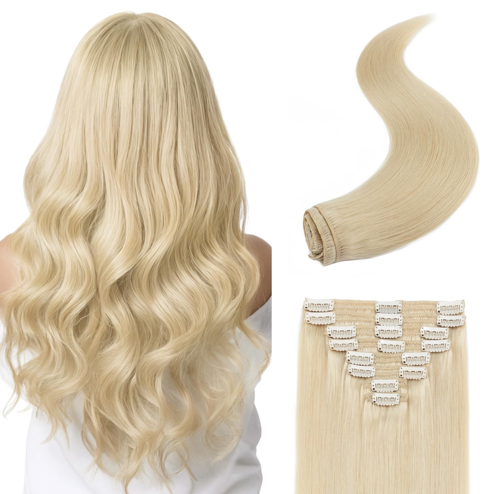 Clip in Hair Extensions Real Human Hair Platinum Blonde Clip on Extensions 18…