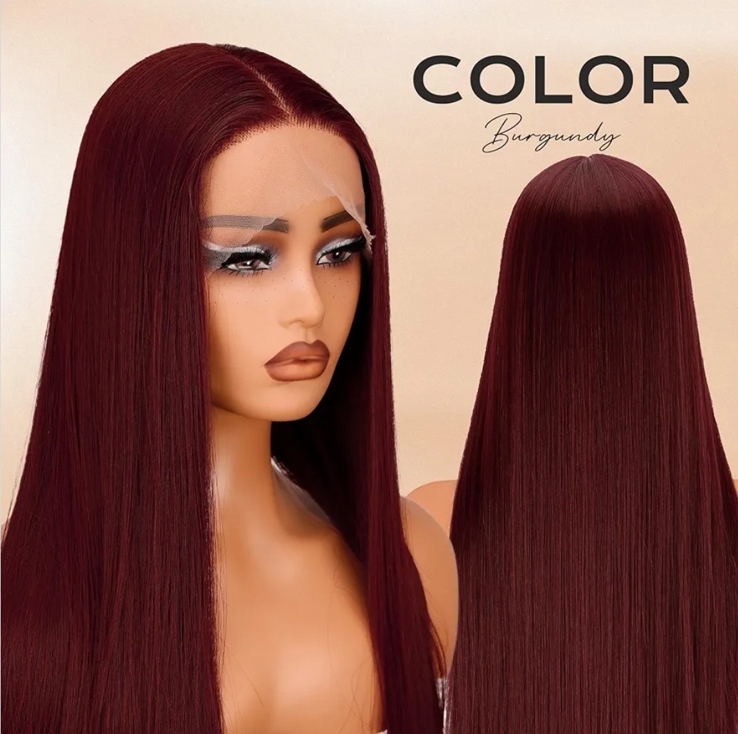 HD Lace Front Wig Human Hair Blend Highlights Burgundy Red 30 Inch