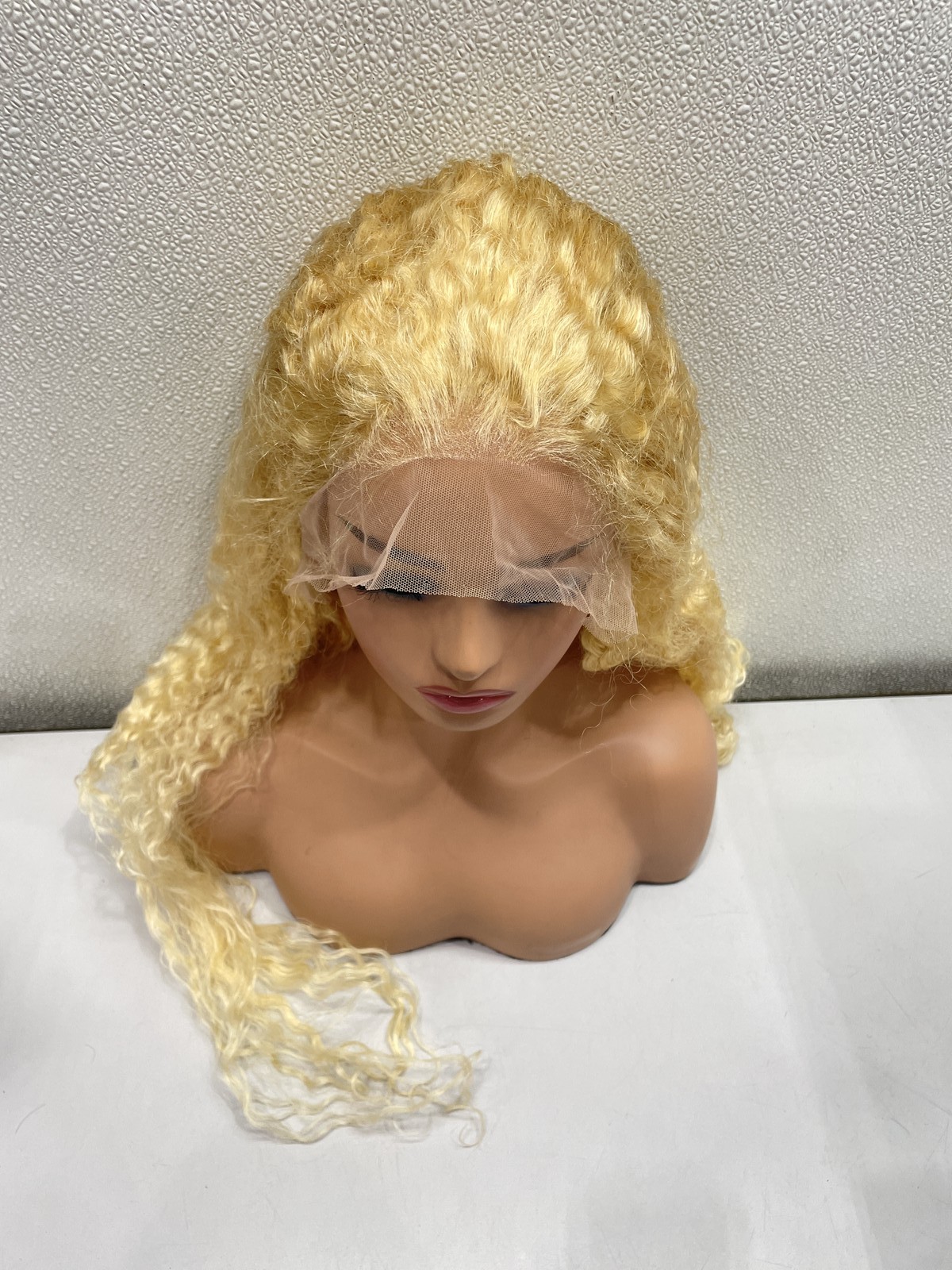 613 Blonde Curly Human Hair Blend 13×6 Lace Front Glueless Wig, 32”