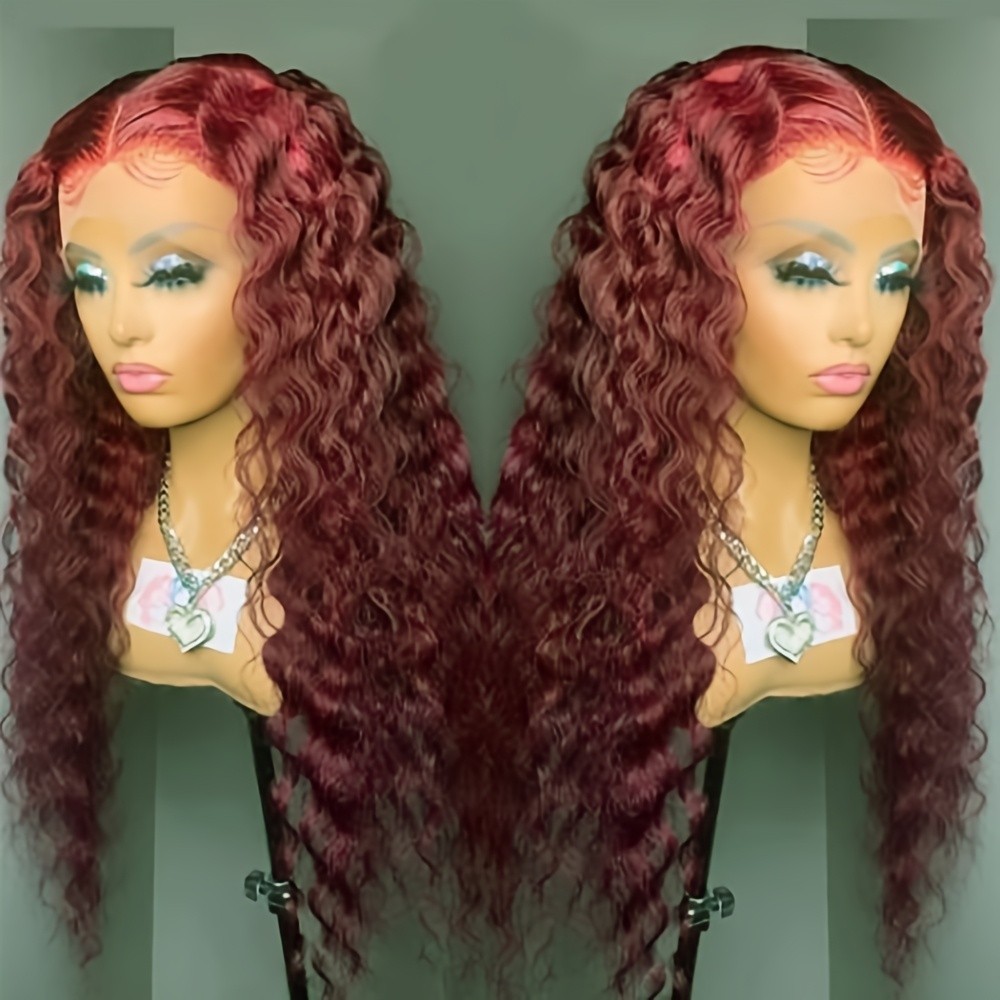 Wine Red Color Hair Long Deep Wave Burgundy Synthetic Lace Front Wig Pre Plucked