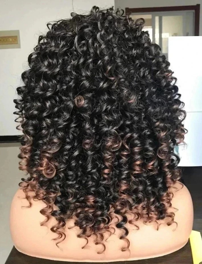 Afro Curly Wig with Bangs Black & Warm Brown Highlights Natural Synthetic Hair