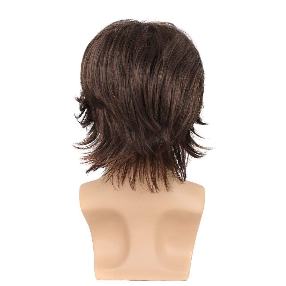 Mens Brown Wig Short Layered Natural Wavy Heat Resistant Synthetic Hair Wigs US