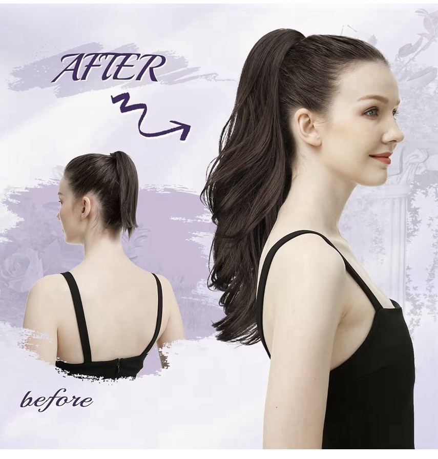 Drawstring Ponytail Extension Natural 20” Wavy Long Layered Black Brown