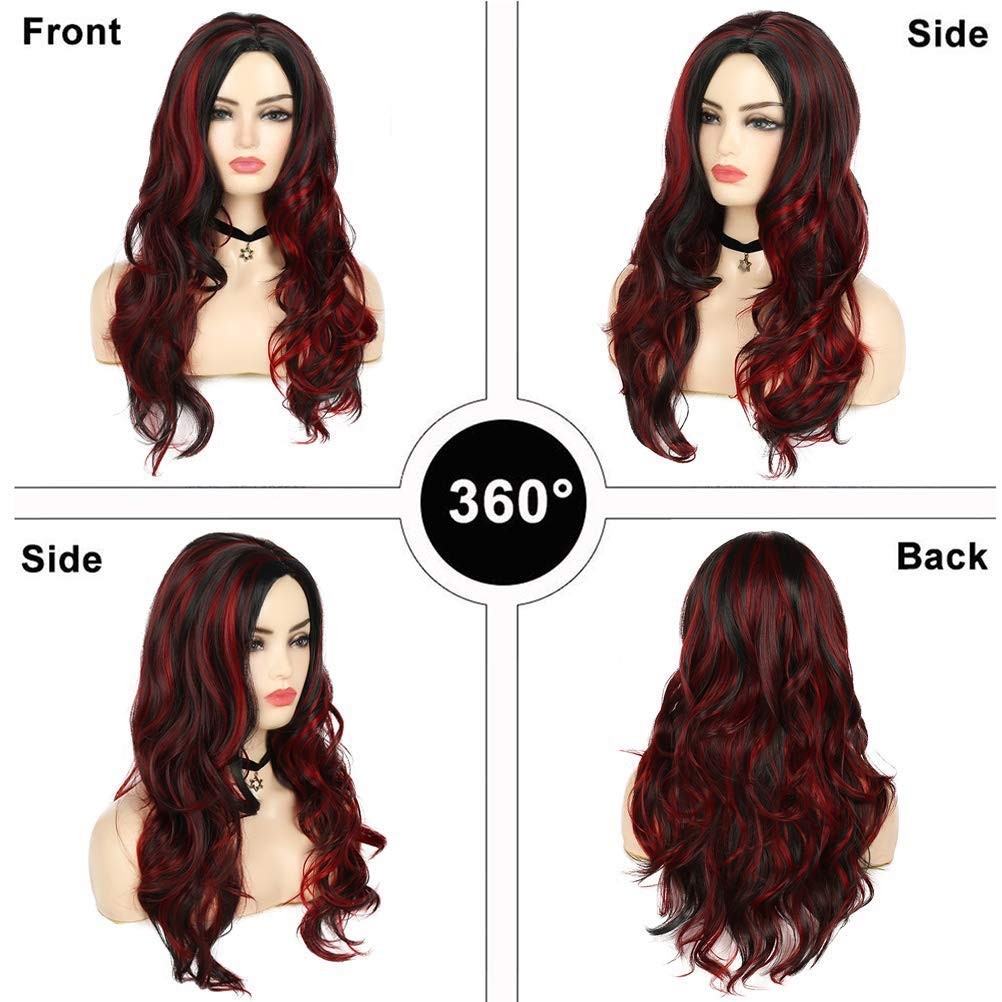 Sallcks Black Red Wig for Women Long Wavy Highlights Layered