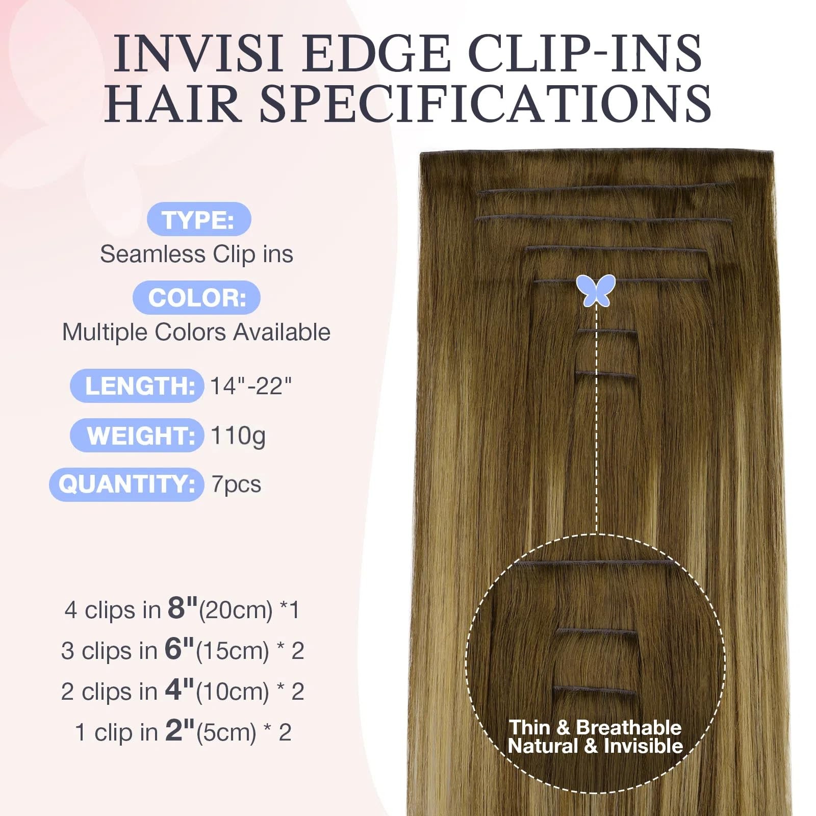 Doores Invisible Clip In Hair Extensions 14 Inch 110G 7Pcs Real Human Hair
