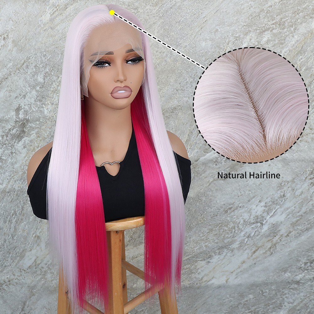 Heat Resistant Fiber Hair Long Lace Front Wigs Glueless Ombre Hot Pink Synthetic