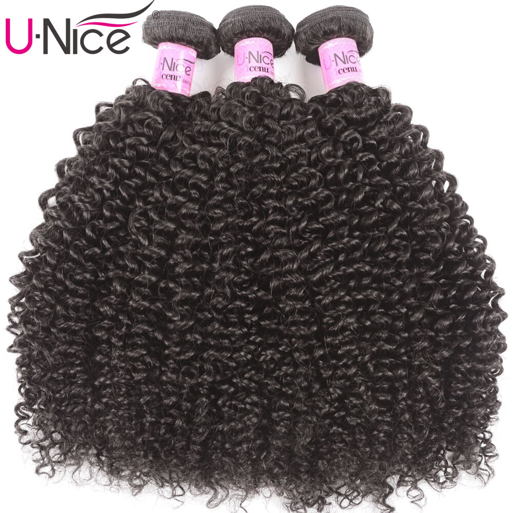UNice Cambodian Kinky Curly Human Hair Extension Bundles with Lace Closure Weave