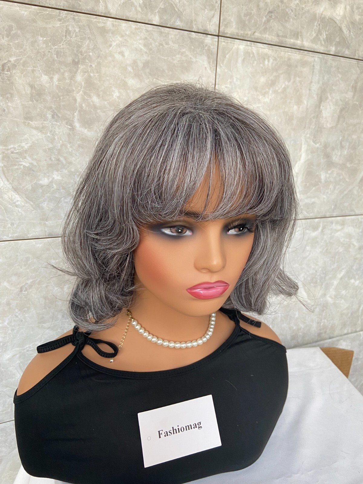 Salt and Pepper Medium Bob Wavy Gray 100% Human Hair Blend Wig Women Natural