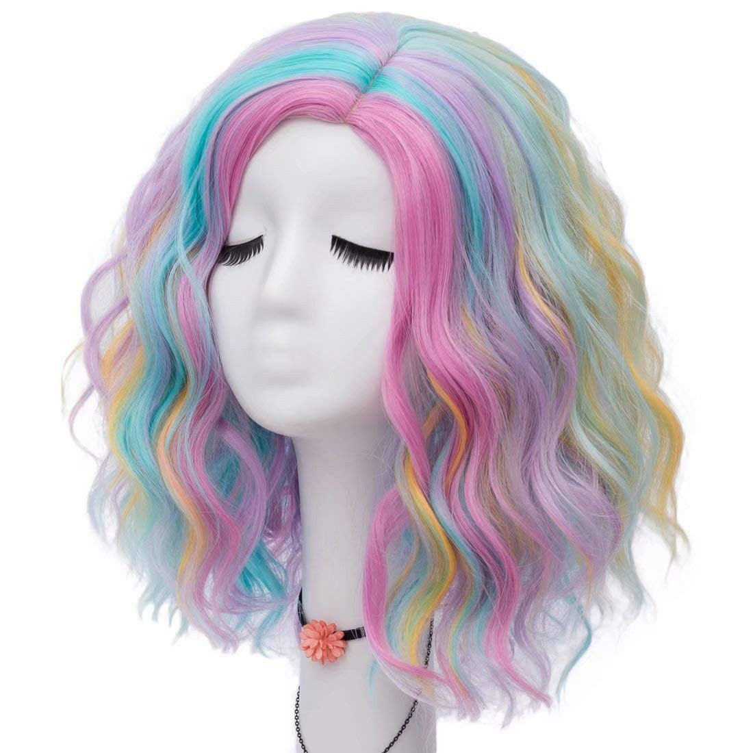 Women 16 Inches Curly Wavy Colorful Rainbow Fashion Anime Party Cosplay Wigs …
