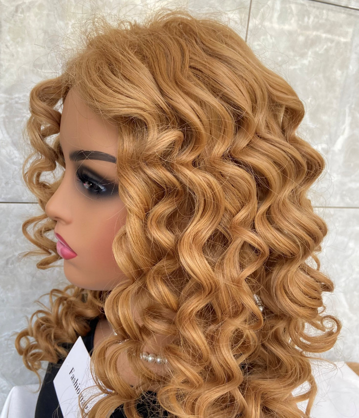 Long Wavy Curly Light Auburn Mix Human Hair Blend Heat Ok Wig Women Soft Natural