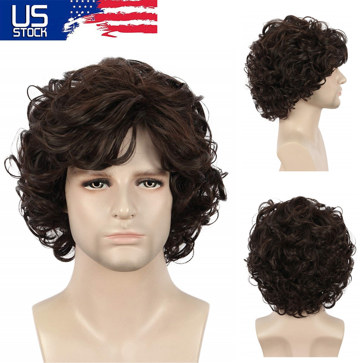 Men’s Short Brown Wig Synthetic Hair Smooth Natural Men’s Curly Wig Synthetic US