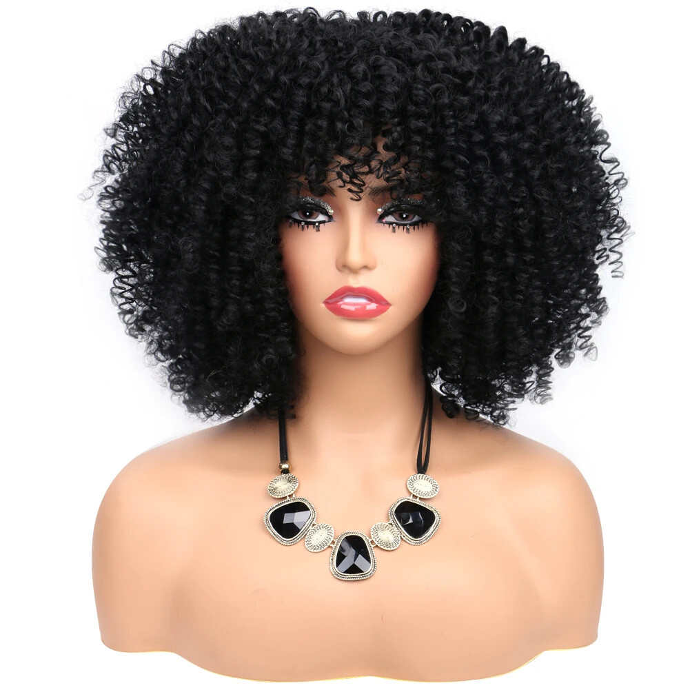 Short Curly Afro Wigs with Bangs for Women Kinky Curly Fluffy Wigs Cosplay Party