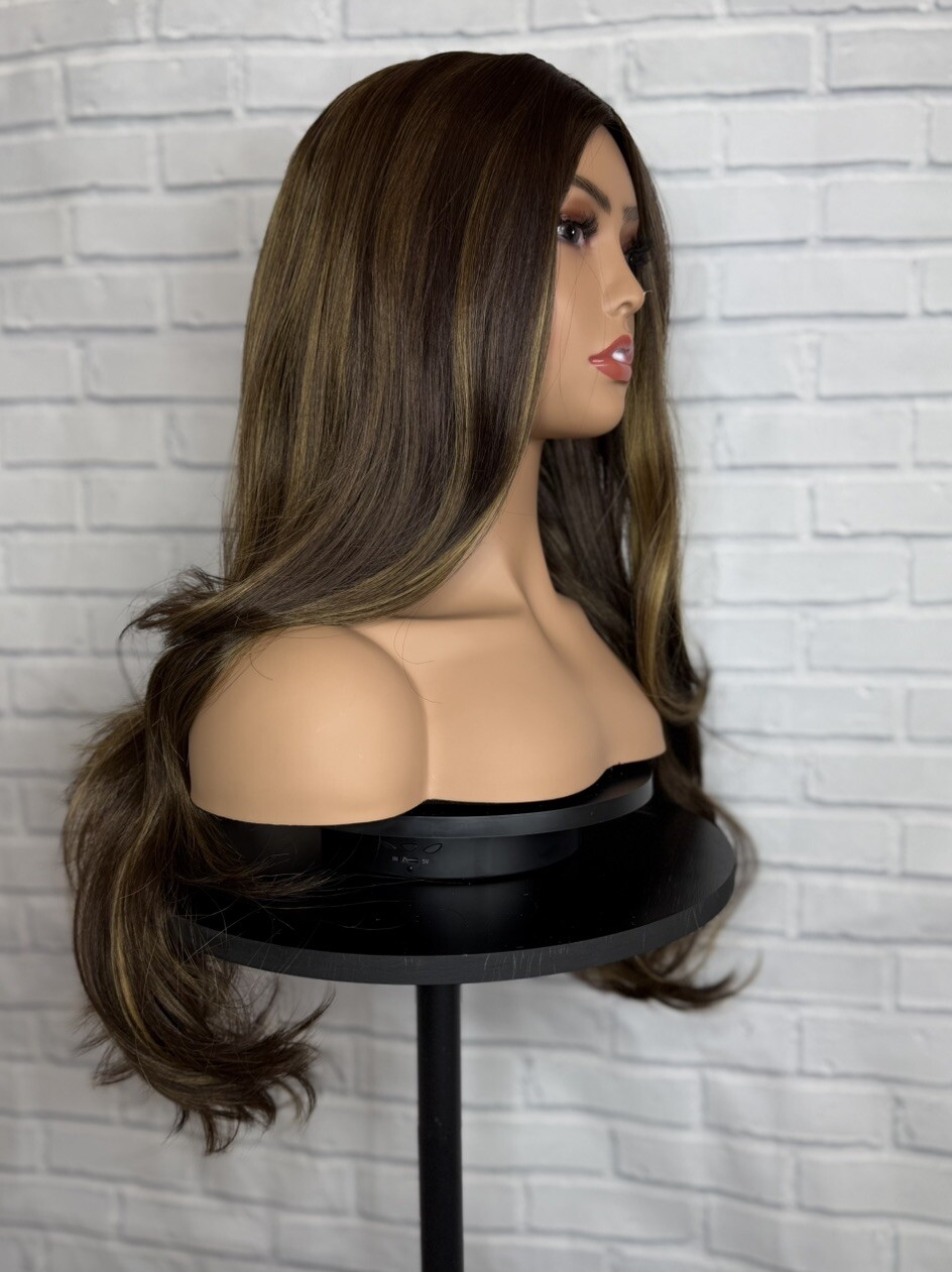 Ash Green Wig 24 Inches Long Middle Part Wavy Layered