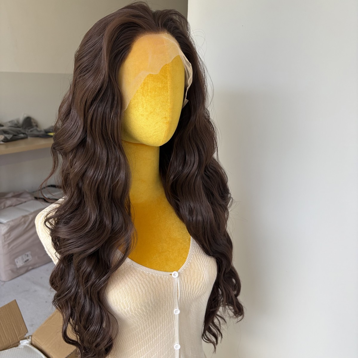 Dark brown Heat Resistant Synthetic Hair Lace Frontal Wigs Long Wavy