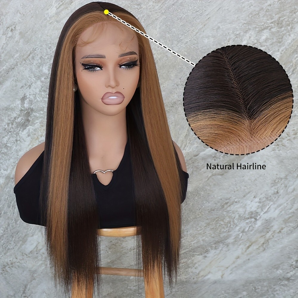 Blonde Highlights Dark Brown Color Hair Lace Front Wigs Synthetic Women Party