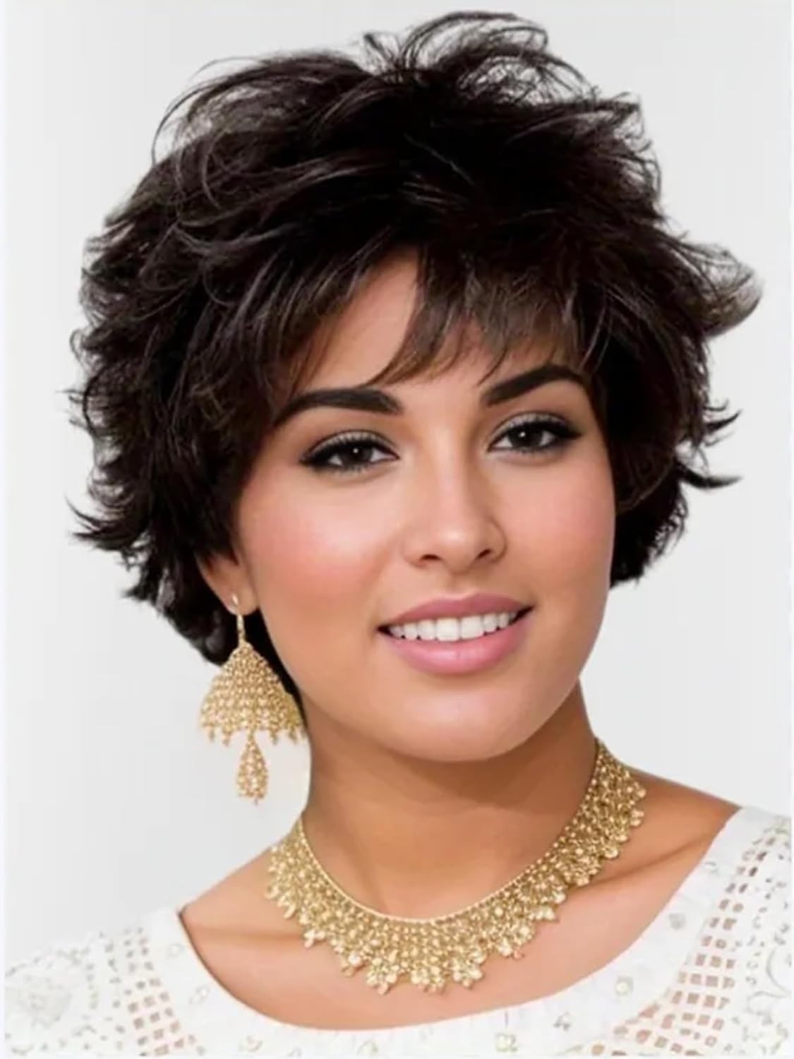 Black Short Curly Wigs for white Women Shaggy Layered Black Pixie Cut Wig wit…