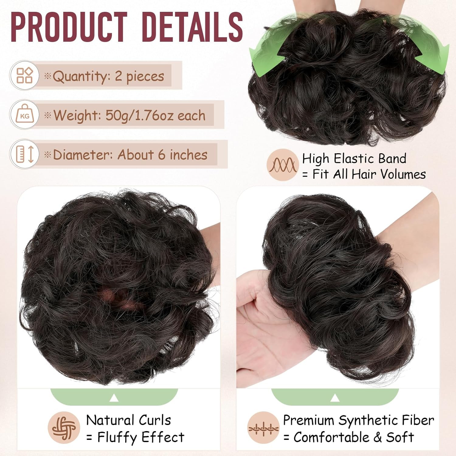 2 PCS Messy Bun Hair Piece Wavy Curly Scrunchies Synthetic Chignon Ponytail Hair