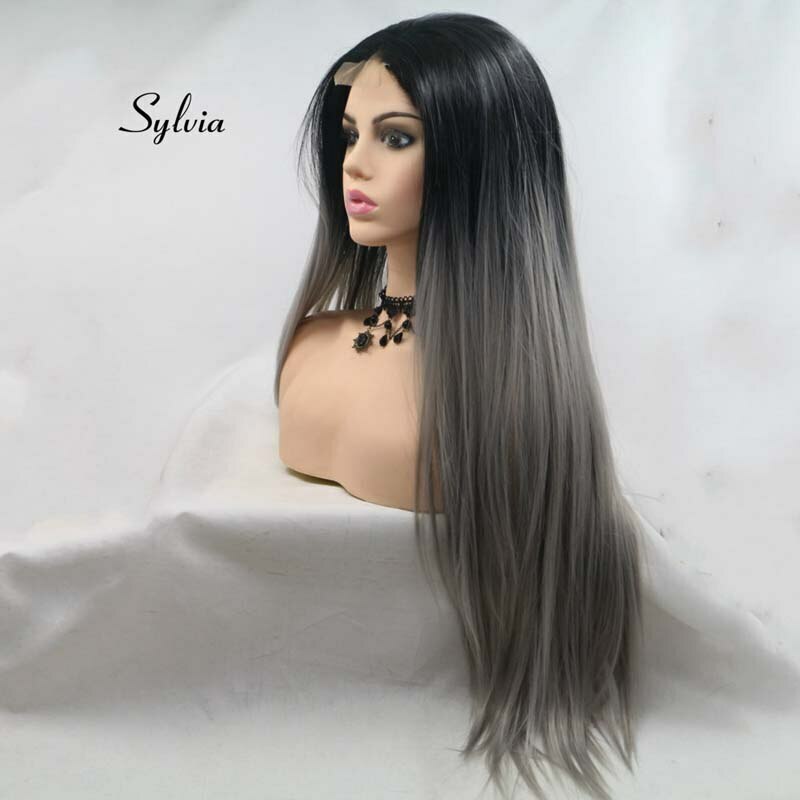Natural Black Grey Ombre Long Silky Part Synthetic Lace Heat Resistant Fiber Wig