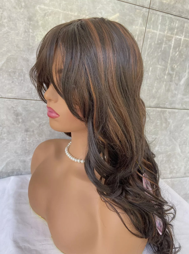 Heat OK Wavy Curly Long hair blend full Wig Brown mix Bangs Layered