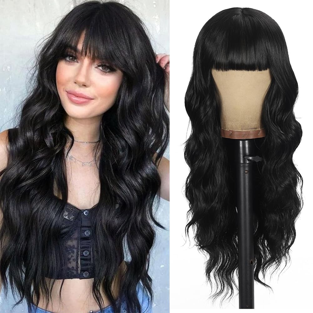 Black Wig with Bangs Curly wavy Wig for Women Long Natural Black wavy wigs skin-