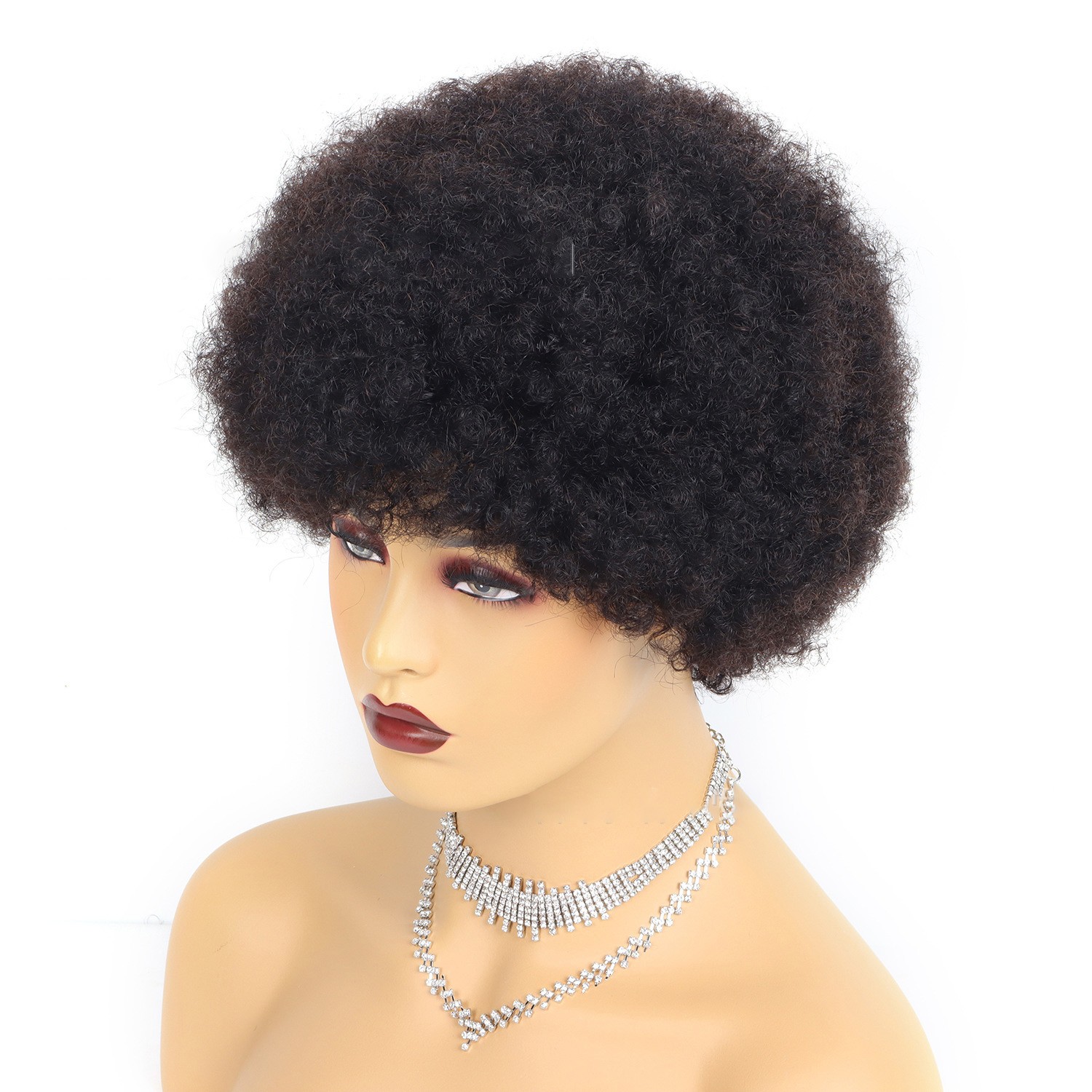 Short Afro Kinky Curly Human Hair Wig – 6-Inch Natural Black Full Afro Puff Wig