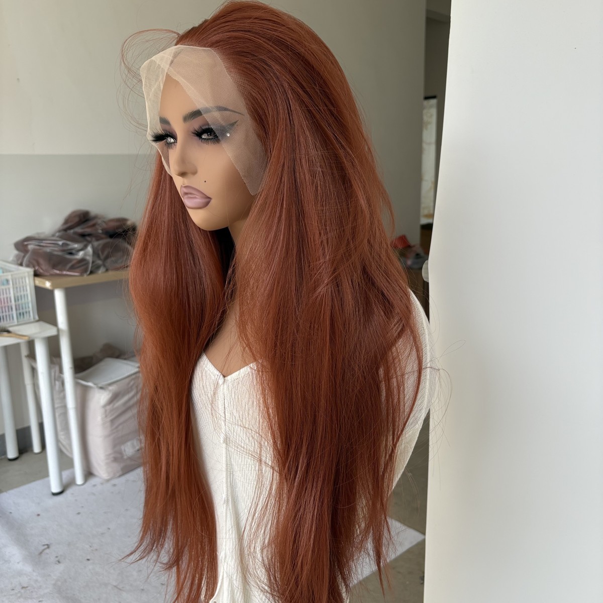 Lace Front Wigs Long Straight Heat Resistant Hair Natural Copper Red Women