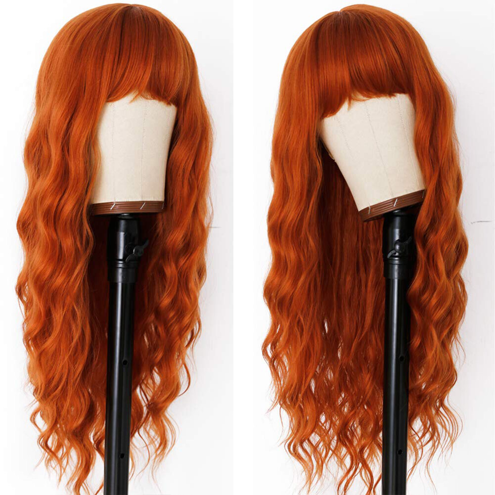 Long Loose Wavy Wig Orange Heat Resistant Synthetic Hair Wigs Full Bangs Natural