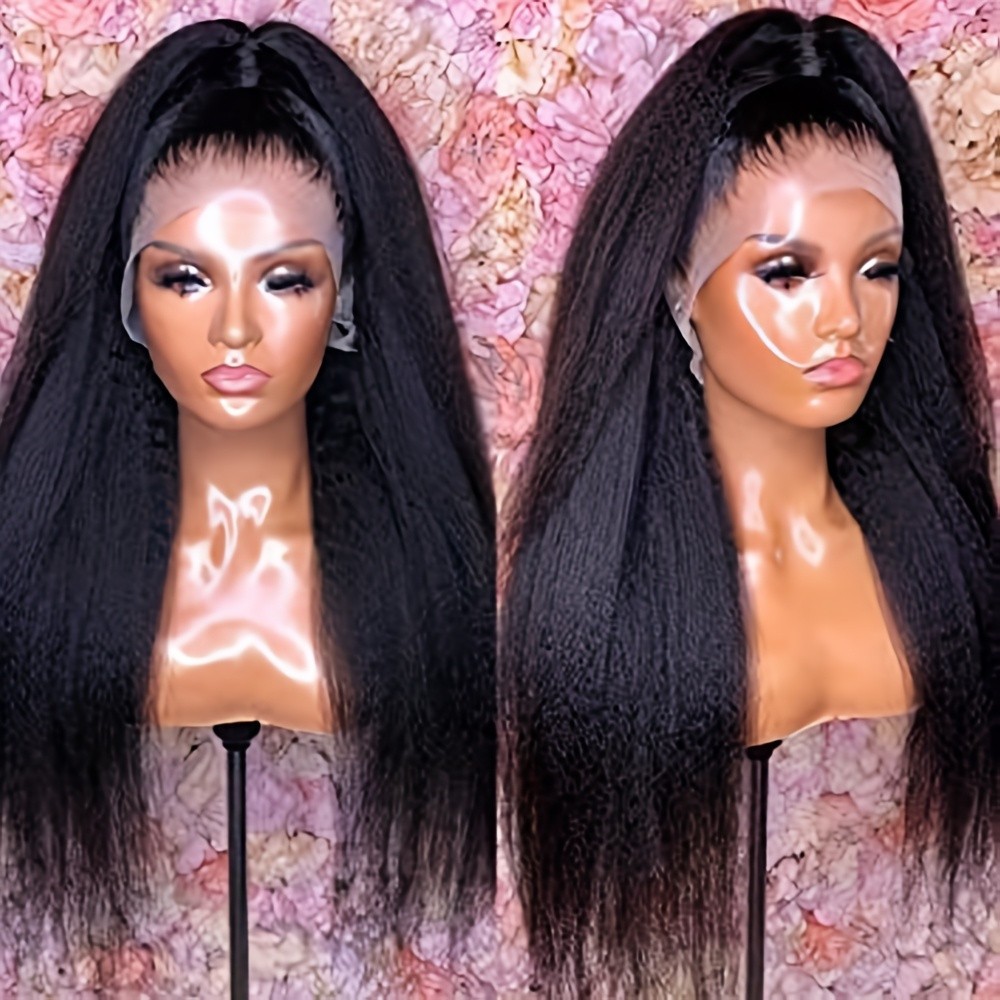 Kinky Straight Long Black Lace Front Wigs Women Daily Use Pre Plucked Hairline