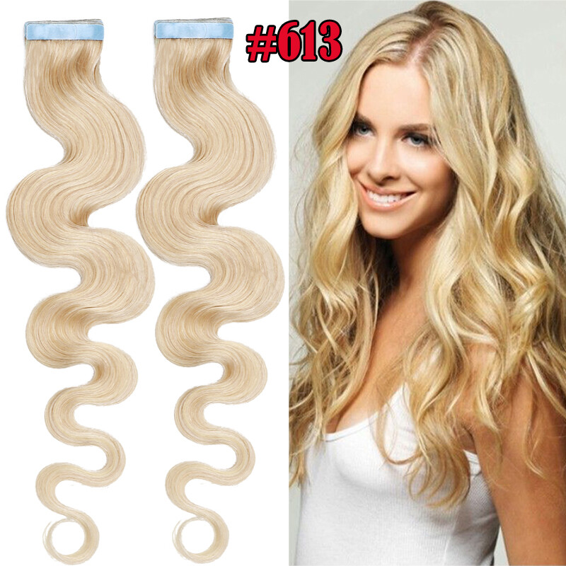 8A Wavy Straight Tape In Real Human Hair Extensions Skin Weft Black Brown Blonde