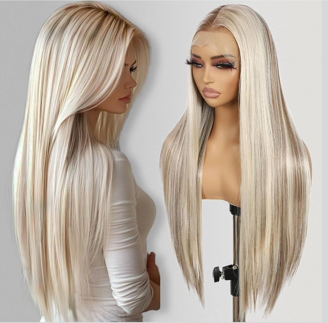 HD Front Lace Wig Human Hair Blend Highlights Long Straight Blonde