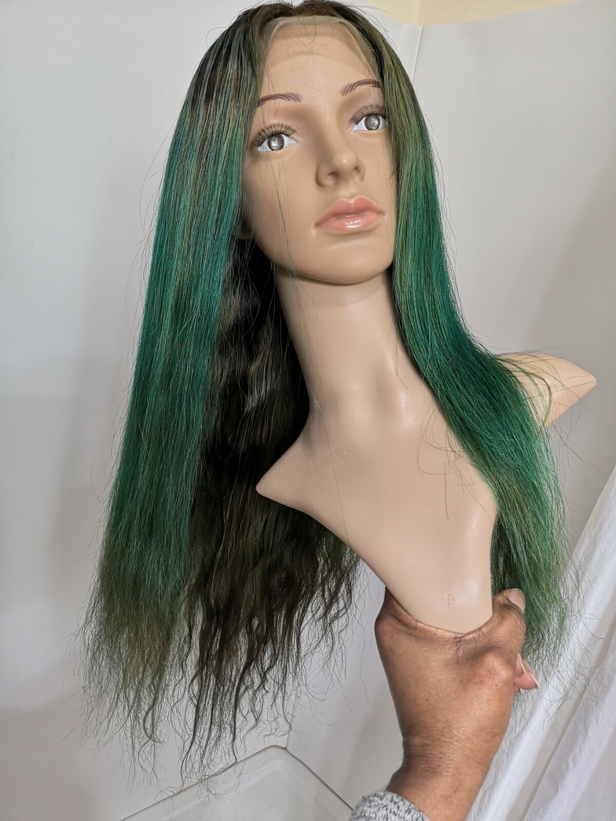 Custom High Quality 24” Soft Silk Green Brown Human Hair Front Lace Wig