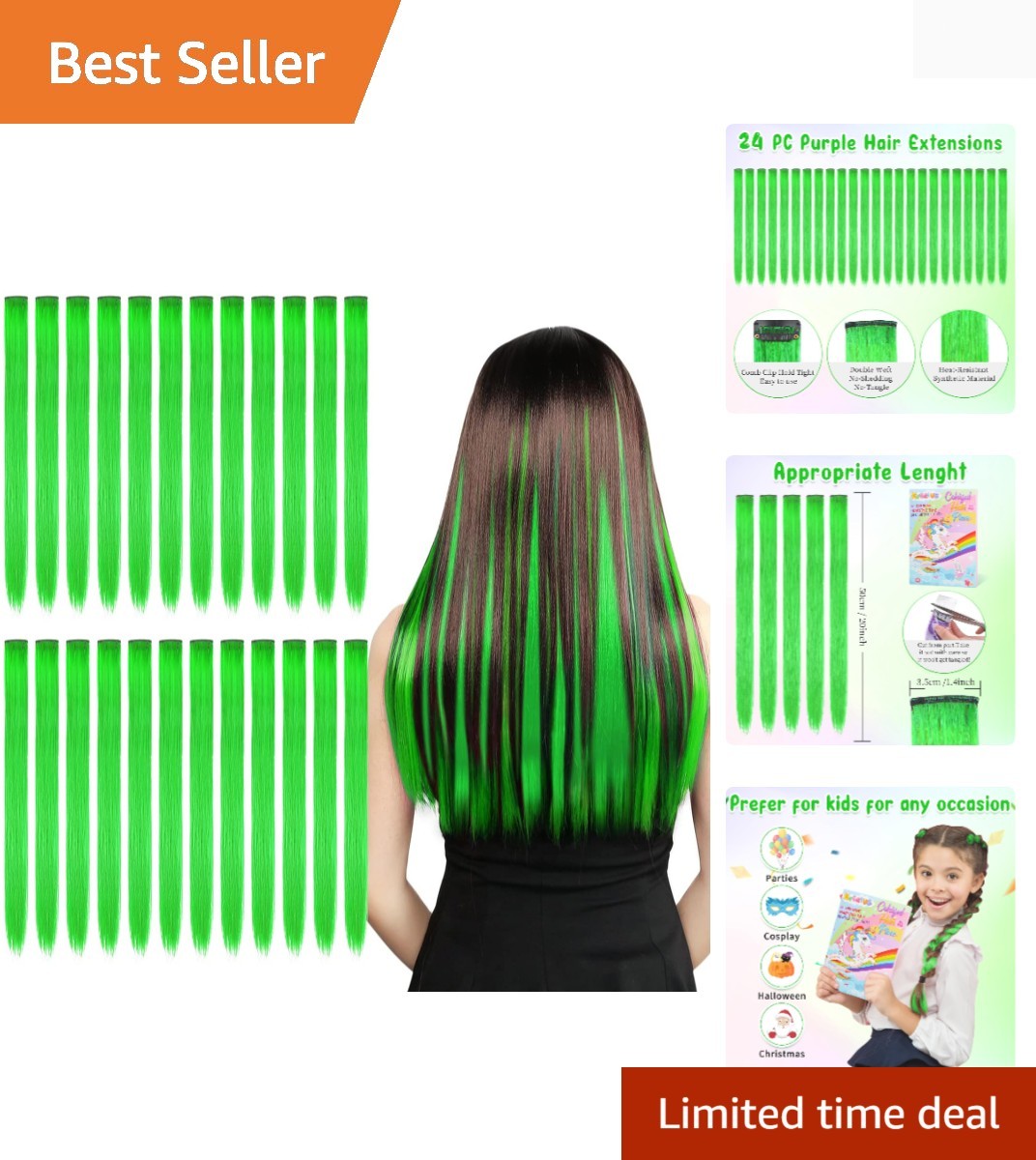 24PCS Green Accessories Colored Clip in Hair Extensions for Girls 20Inch Rain…