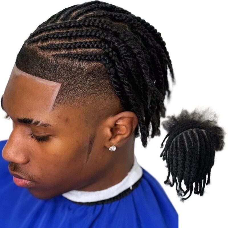 Afro Curly Braids Toupee 8×10 Full PU Hairpiece for Men Topper Human Hairpiece