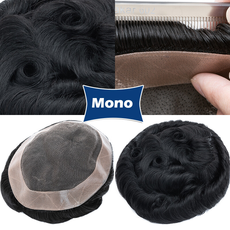 Durable Mens Toupee Human Hair Replacement System Hairpiece Fine Mono Poly Skin