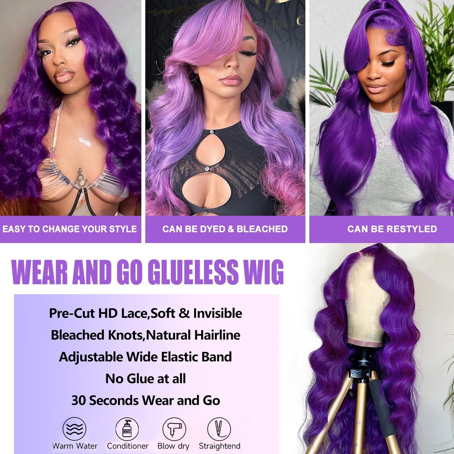 5×5 Purple Body Wave Lace Frontal Wig – 200% Density, HD Transparent, 22″ Human