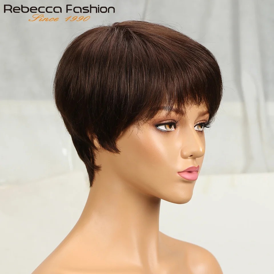 Pixie Short Cut Colored Straight Human Hair Wig Bangs Women Fashion Beauty Gift