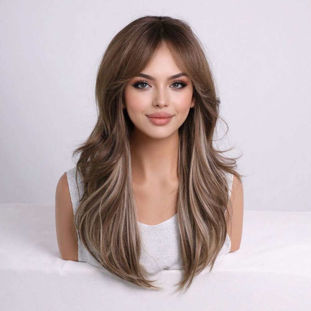 21in Brown to Blonde Ombre Wavy Layered Wig Center Part Heat Resistant Full Cap
