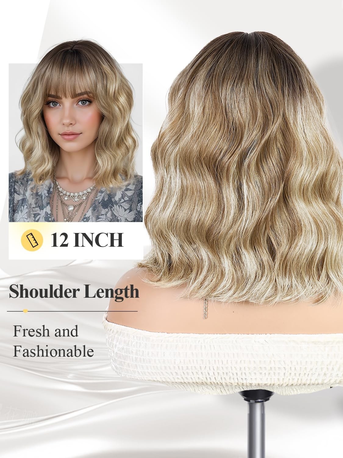 14″ Mixed Blonde Wavy Bob Wig for Women Daily Wear 159E553601