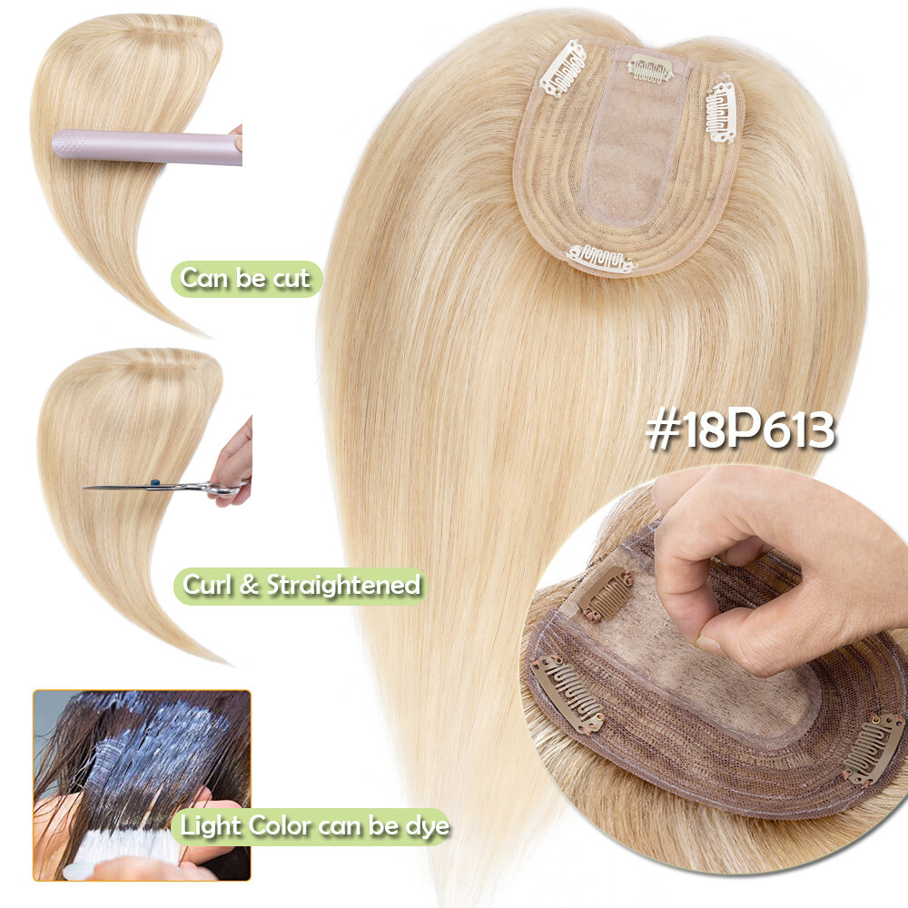 Silk Base 100%Human Hair Topper Clip in Hairpiece Wig Toupee Top Piece Side Part