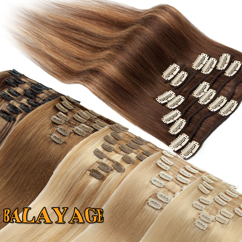 Clip In Extensions Clip On 100% Real Human Hair Extensions Full Head Balayage US