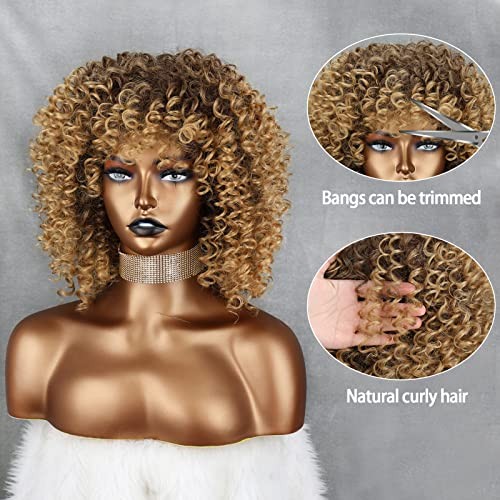 14 inch Blonde Curly Wigs 70s, Kinky Brown Mixd Blonde Afro Blonde Mixed Brown