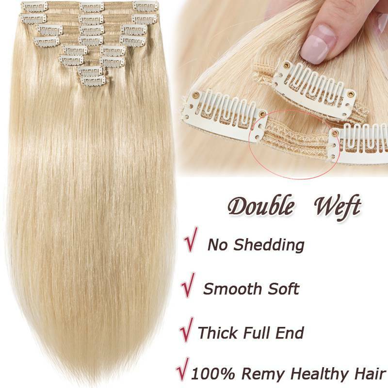 Thick Clip In Remy Human Hair Extensions Double Weft Full Head Long 200g US N322