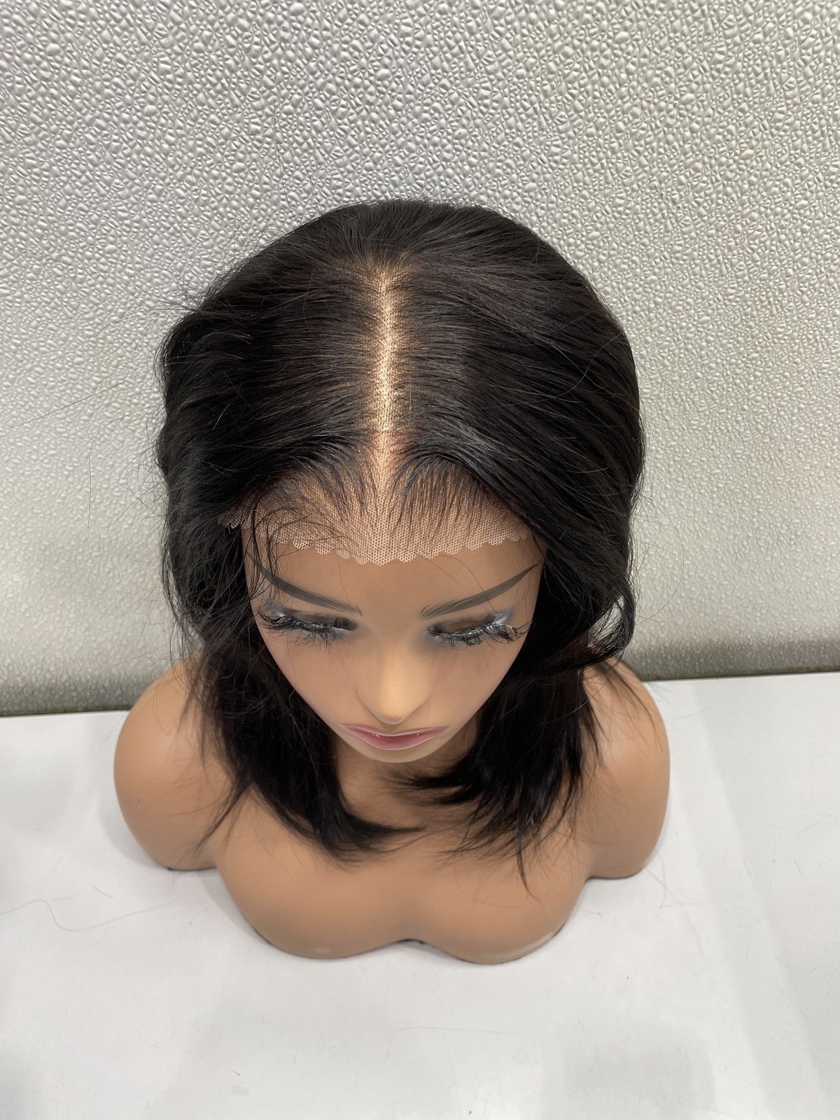 WestKiss 14″ Natural Black Layered Human Hair Lace Front Bob Wig, 180% Density