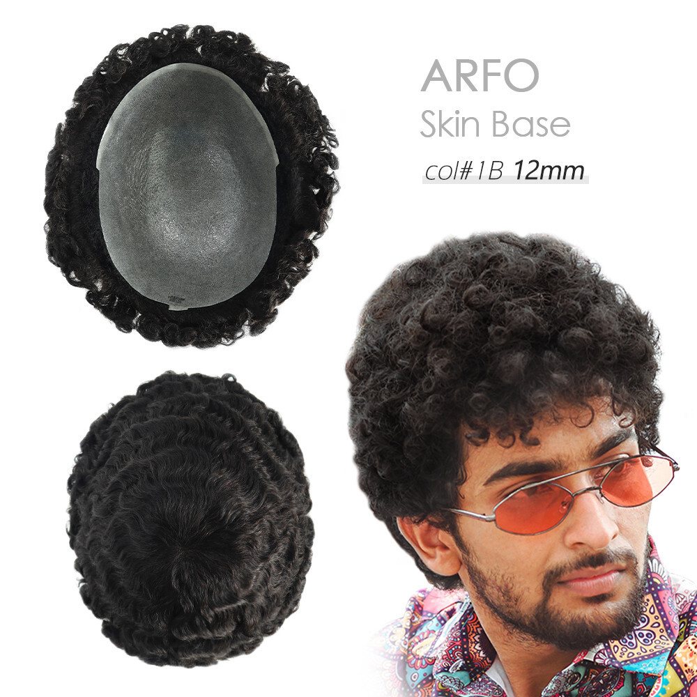 Afro Curl Poly Skin Toupee Mens Human Hair System Curly Hair Pieces 12mm #1B