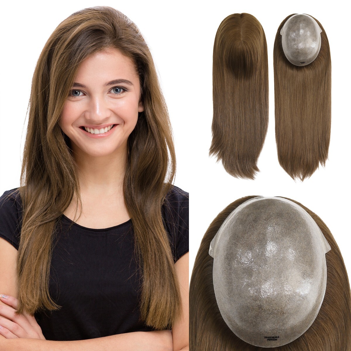 Topper for Women Poly Skin Wigs Top Pieces Human Remy Hair System 18” #L6