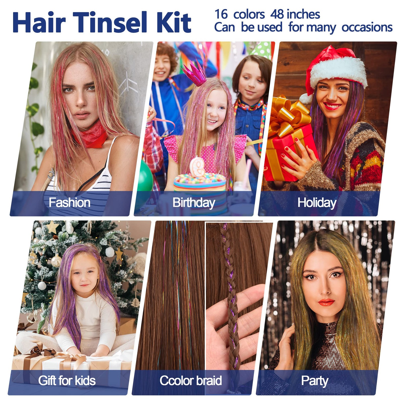 16 Colors Hair Tinsel Kit, 48 Inches 3300 Strands Tinsel Hair Extensions, Fai…