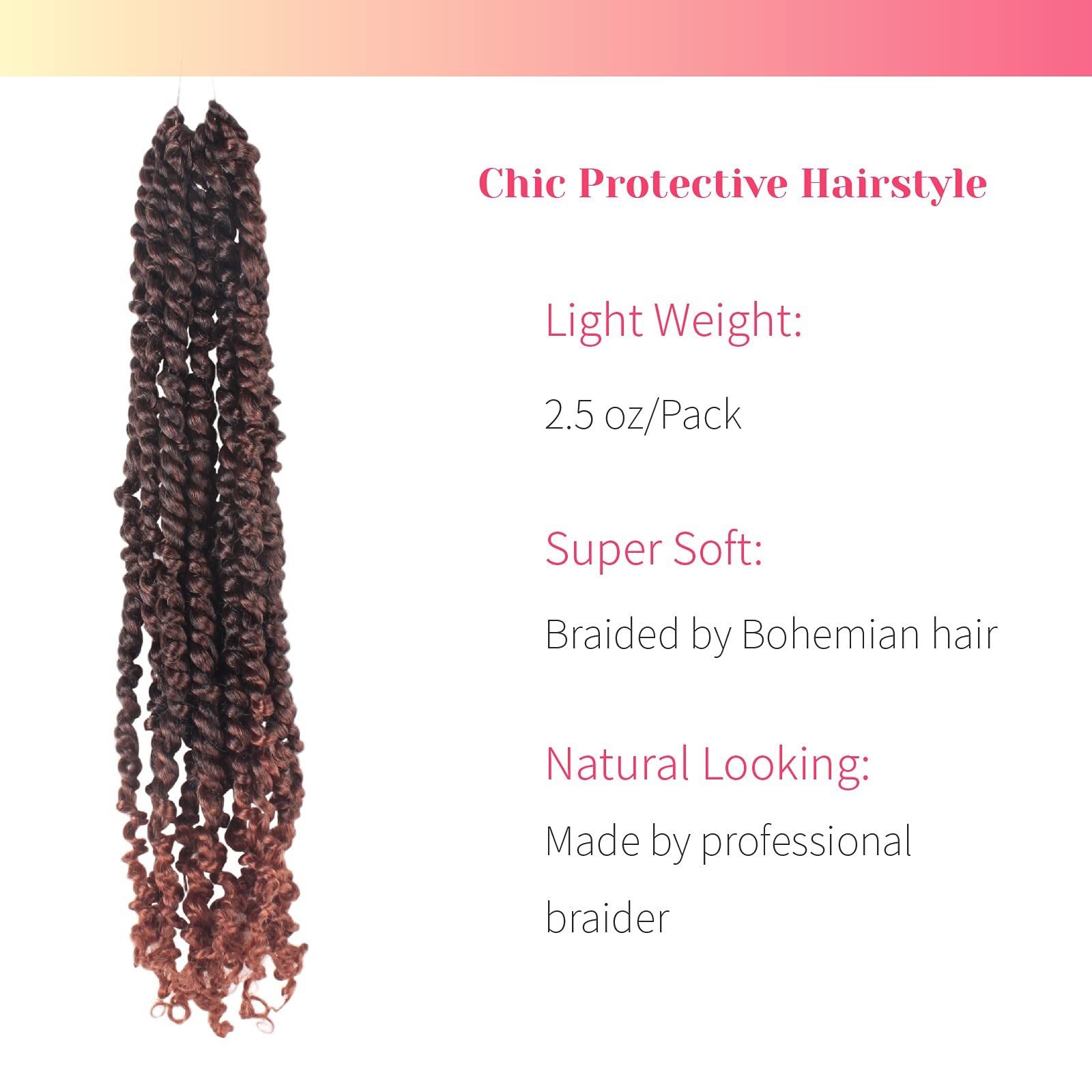 BOHOBABE 20″ Pre-twisted Passion Twist Crochet Hair Pre-looped Ombre Ginger Red